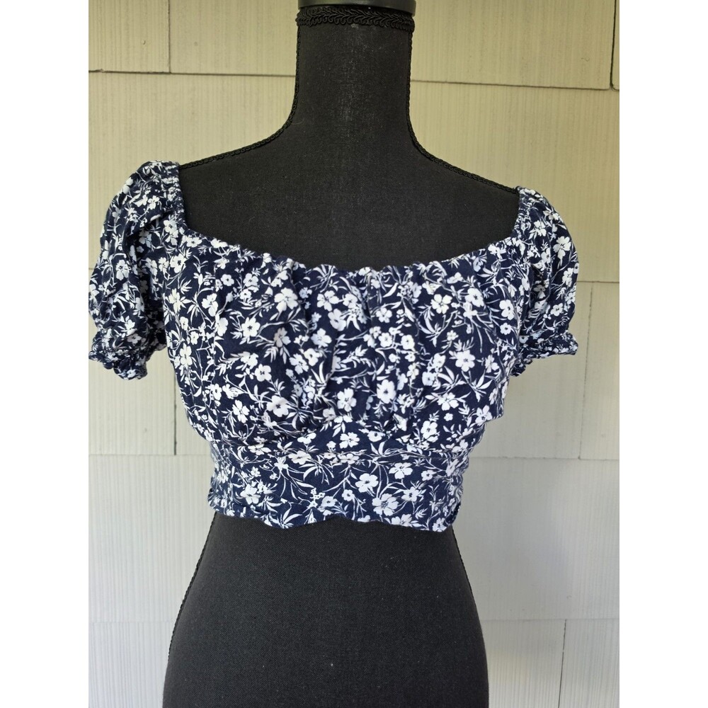Wisteria Lane Blue Floral Puff Sleeve Crop Top Tie Waist Blouse Womens Large L